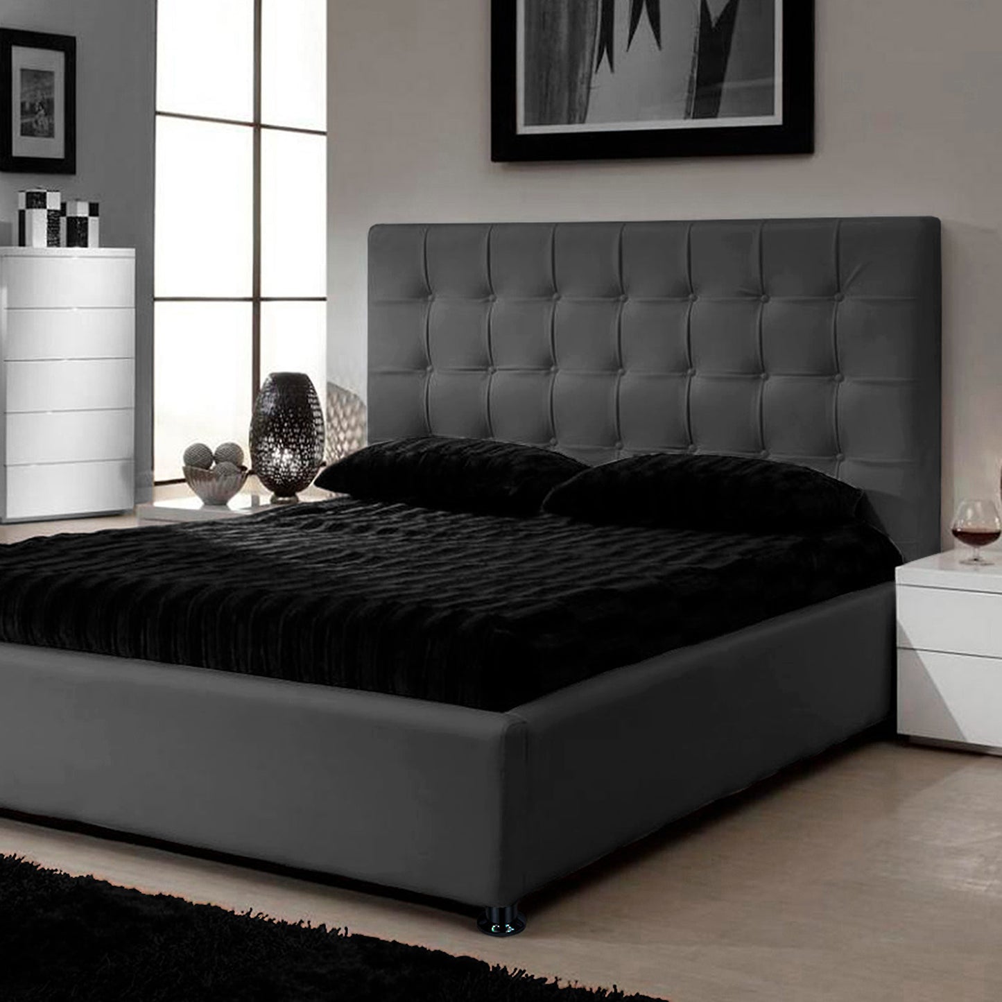 Base Cama con Espaldar + Colchon Doble Ilusion  gris plomo