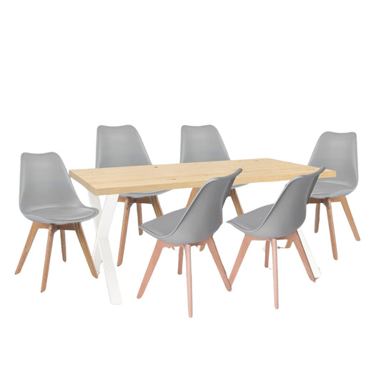Juego de Comedor Indika macadamia blanco con 6 Sillas Milano gris