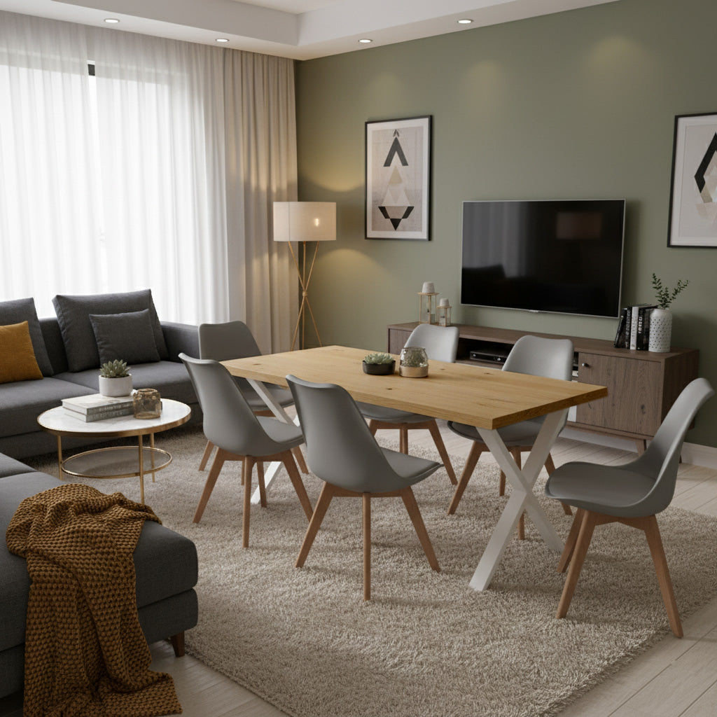 Juego de Comedor Indika macadamia blanco con 6 Sillas Milano gris