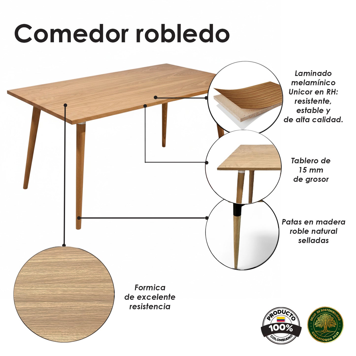 Juego de Comedor Madera Robledo con 4 Sillas Eames negra