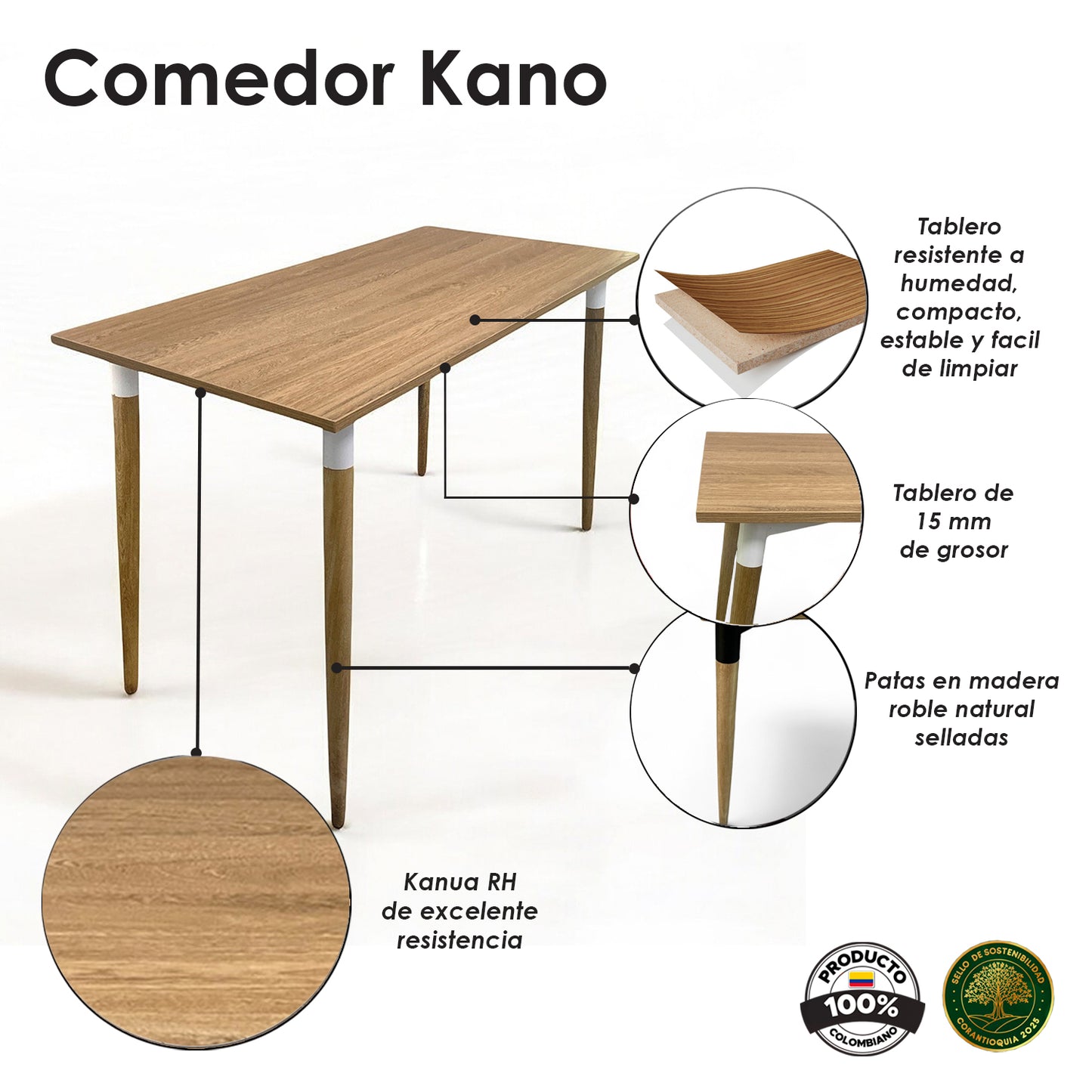 Juego de Comedor Premium Kano con 4 Sillas Eames botones camel