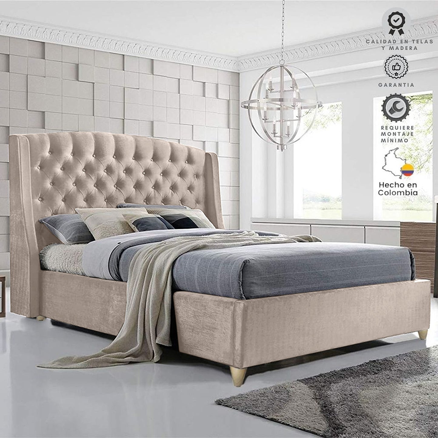 Base Cama con Espaldar + Colchon King Italia  beige