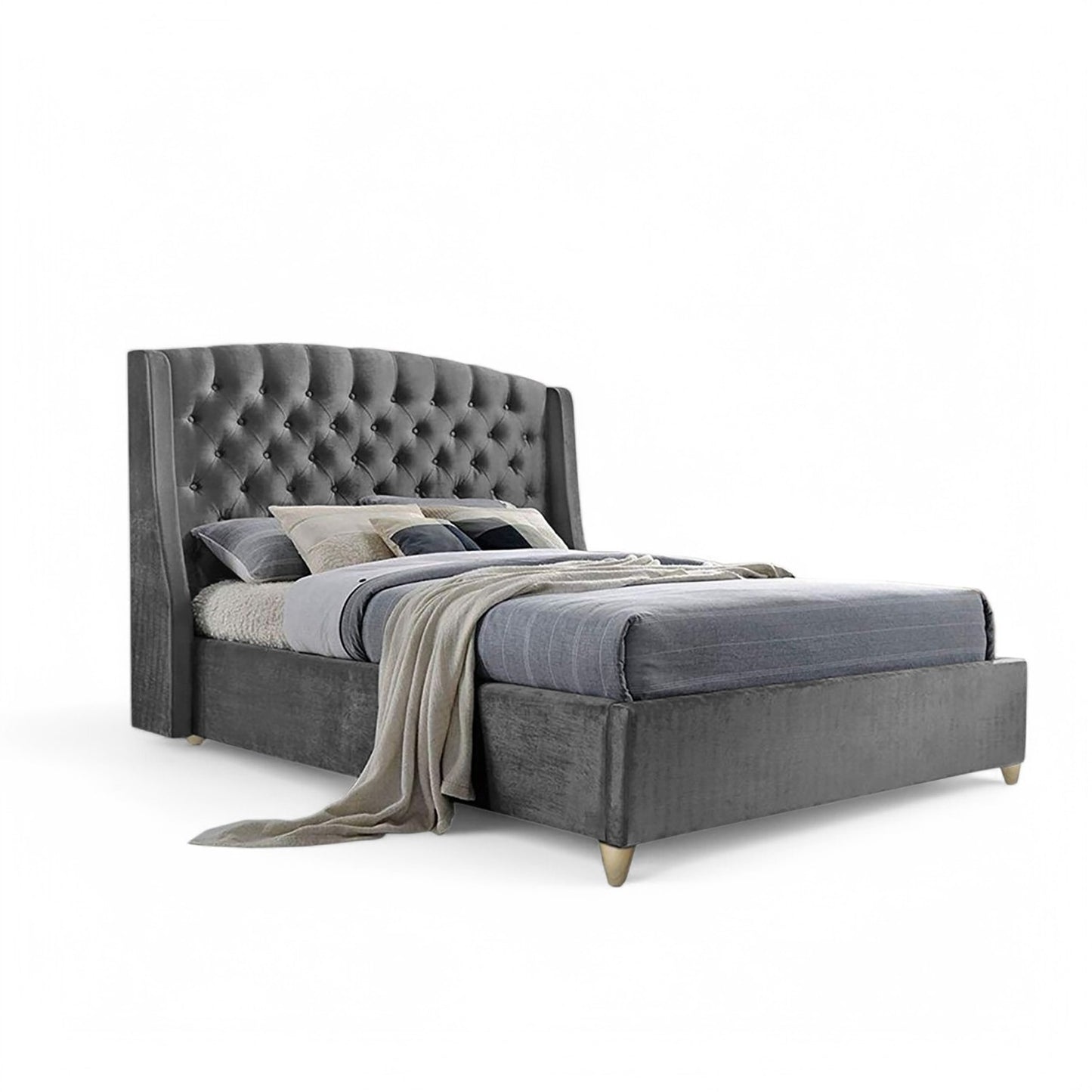 Base Cama con Espaldar + Colchon Queen Italia  gris plata
