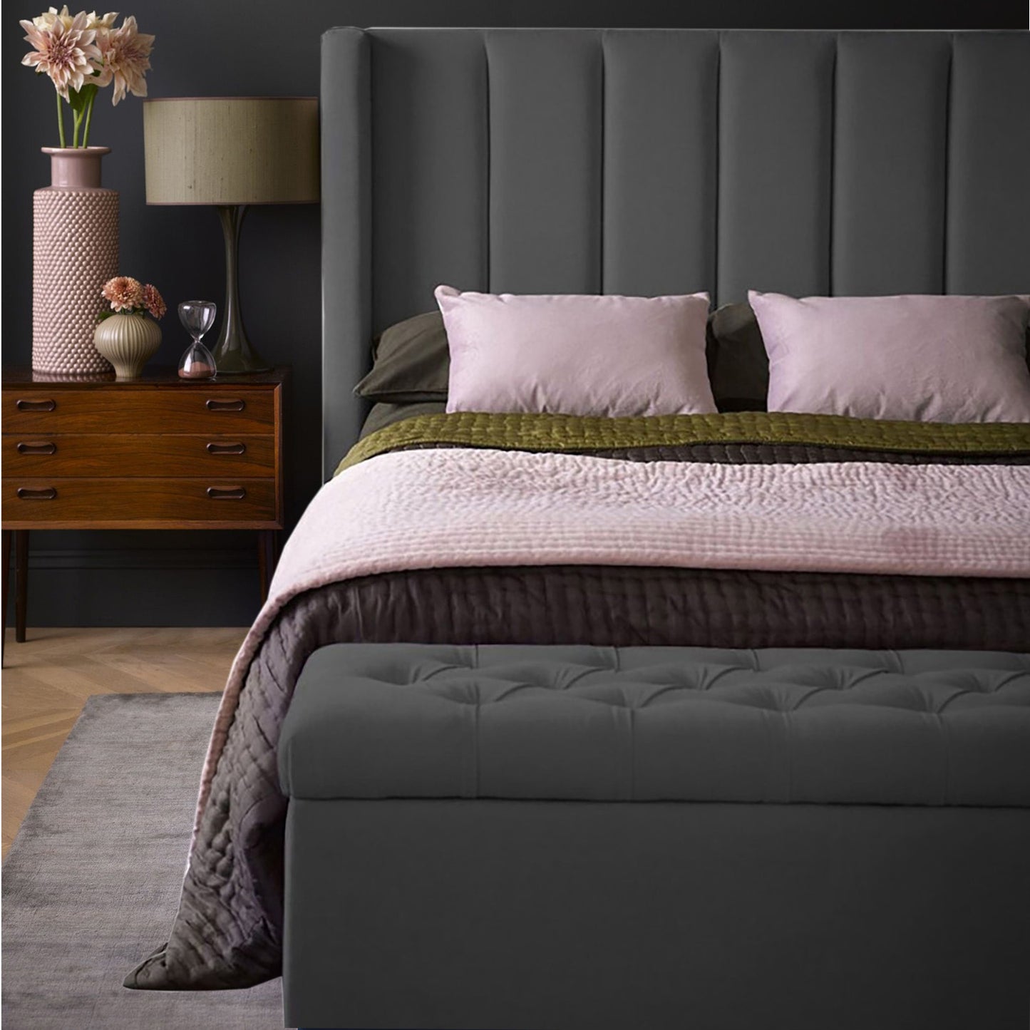 Base Cama con Espaldar + Colchon + Puff Baul King Julieta  gris plomo