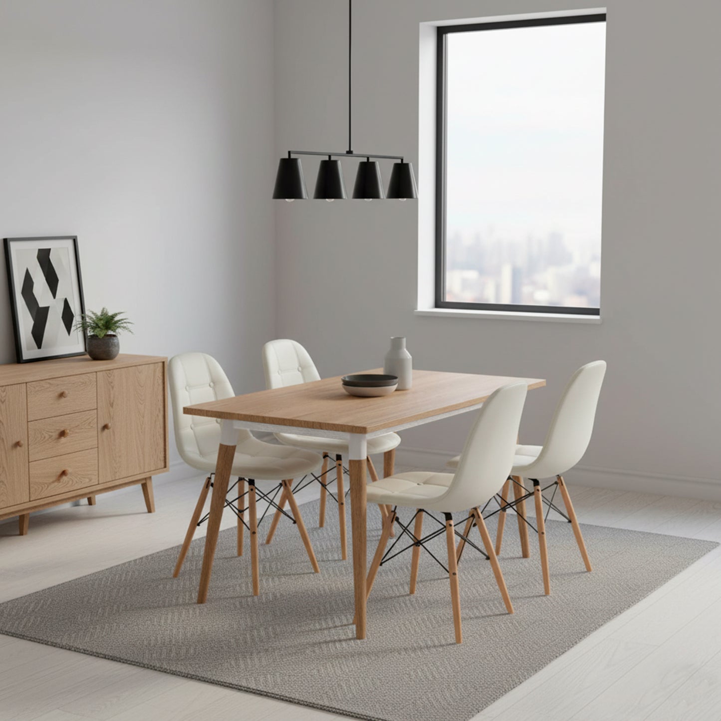 Juego de Comedor Premium Kano con 4 Sillas Eames botones blanca