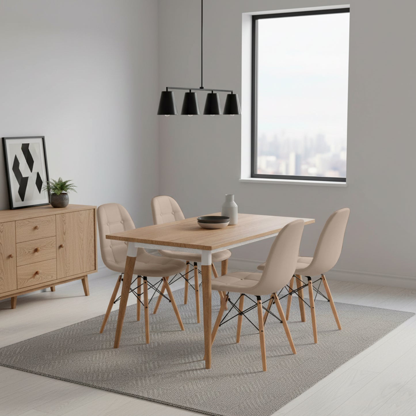 Juego de Comedor Premium Kano con 4 Sillas Eames botones camel