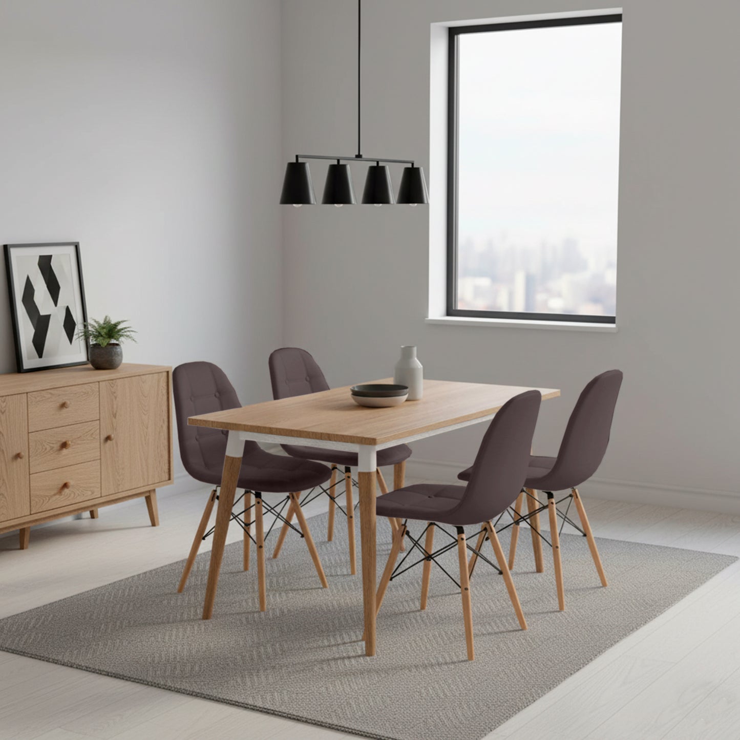 Juego de Comedor Premium Kano con 4 Sillas Eames botones café
