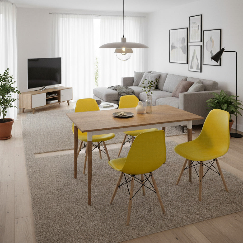 Juego de Comedor Premium Kano con 4 Sillas Eames mostaza