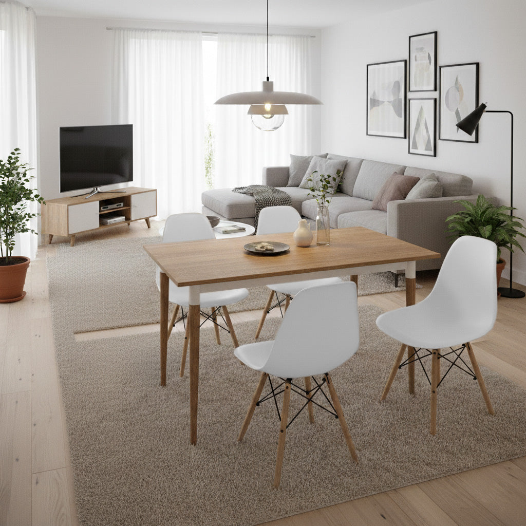 Juego de Comedor Premium Kano con 4 Sillas Eames blancas