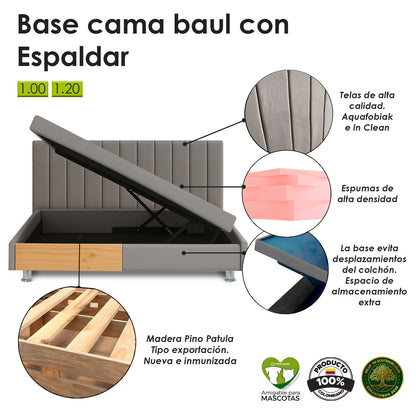 Base Cama Baul con Espaldar Sencillo Infantil Luna 100x190x120 azul claro
