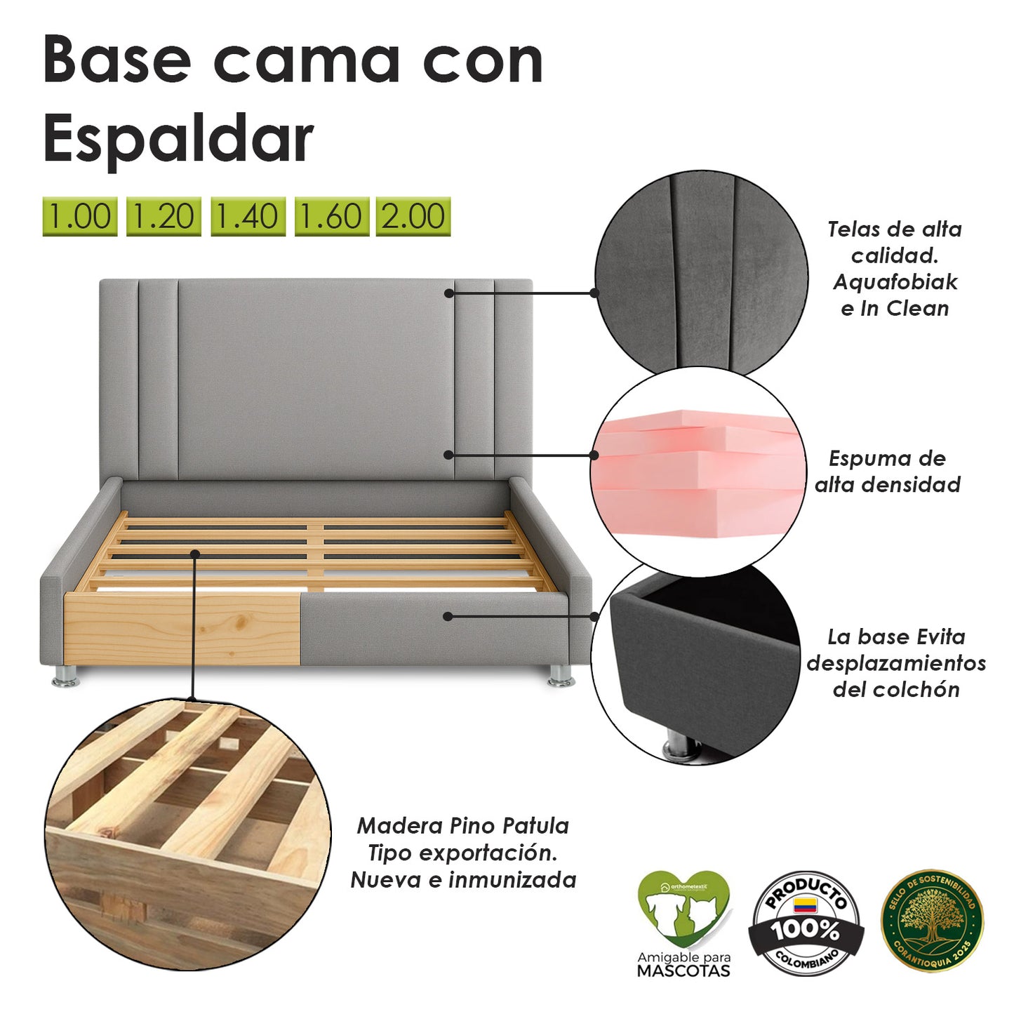 Base Cama Con Espaldar Doble Lupe Gris Plata