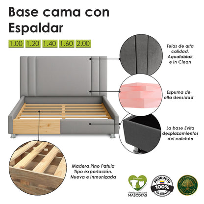 Base Cama Con Espaldar Doble Lupe Gris Plata