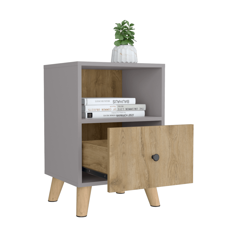 Mesa De Noche Tonhan Gris Y Macadamia