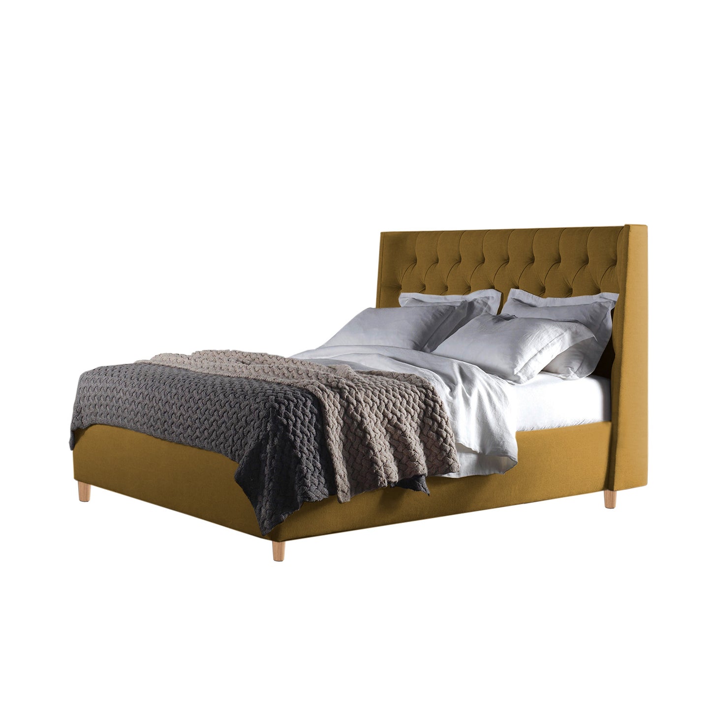 Base Cama con Espaldar + Colchon Doble Marfil  mostaza