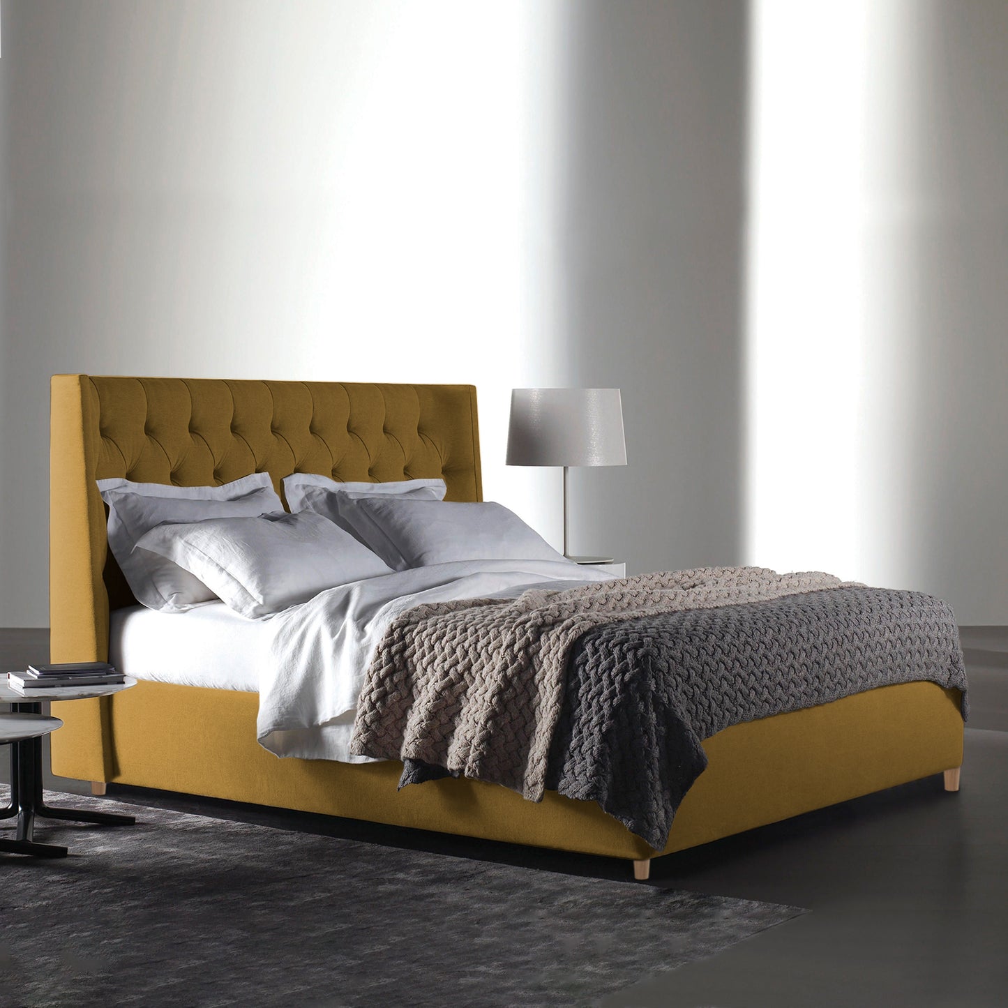 Base Cama con Espaldar + Colchon Sencillo Marfil  mostaza