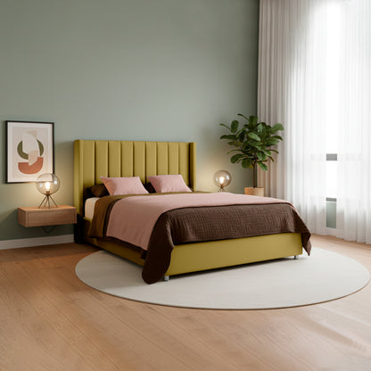 Base Cama con Espaldar + Colchon + Puff Baul King Julieta  mostaza