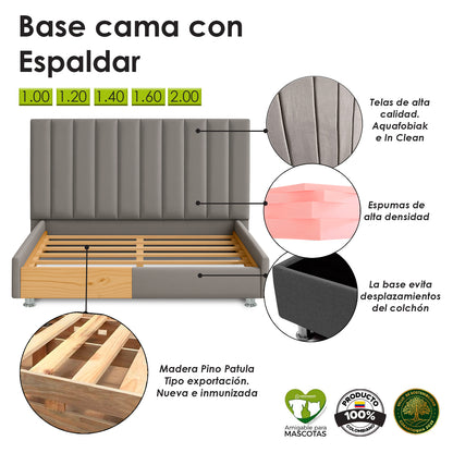 Base Cama Con Espaldar Doble Natura Gris Perla
