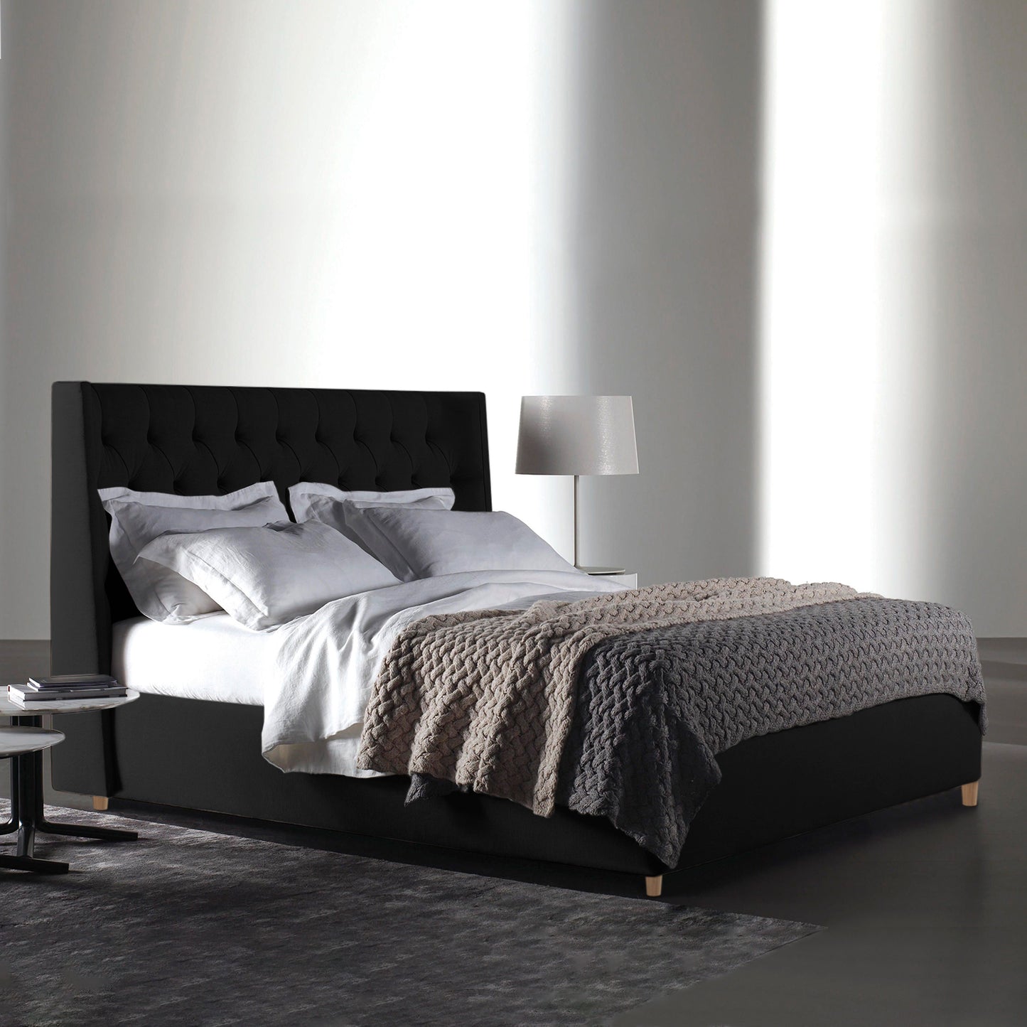 Base Cama con Espaldar + Colchon Doble Marfil  negro
