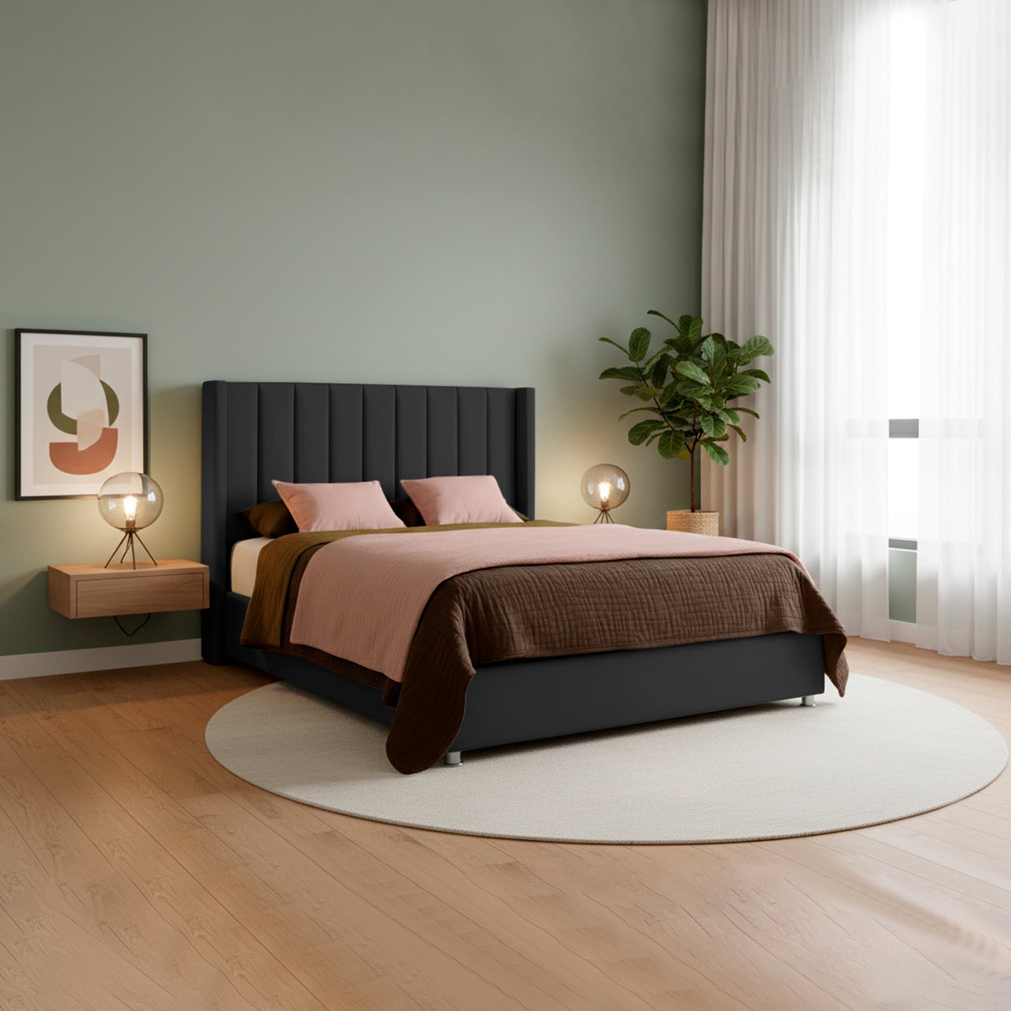 Base Cama con Espaldar + Colchon + Puff Baul King Julieta  negro