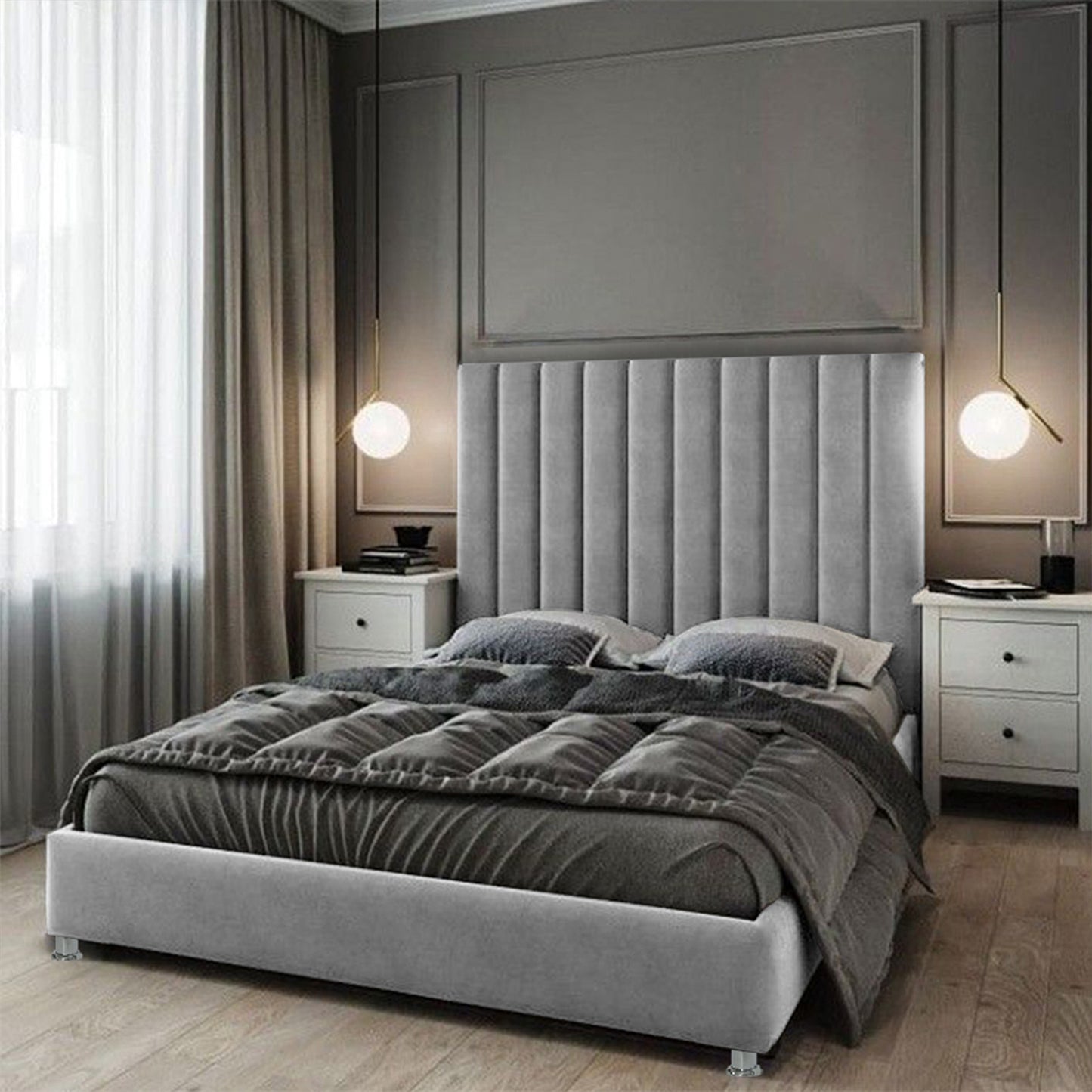 Base Cama con Espaldar + Colchon Doble Natura  gris plata