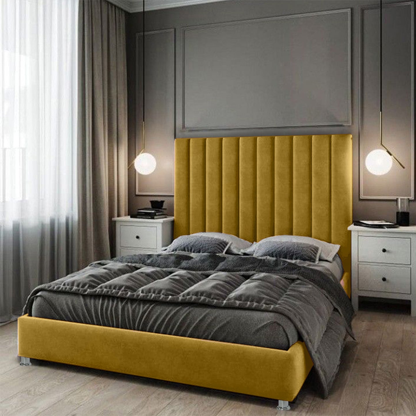 Base Cama con Espaldar + Colchon Doble Natura  mostaza