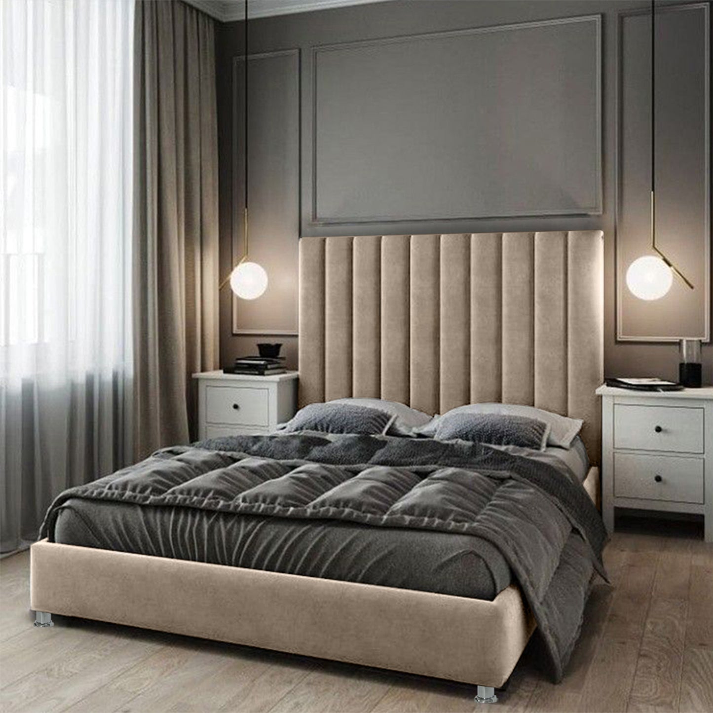 Base Cama con Espaldar + Colchon Doble Natura  taupe