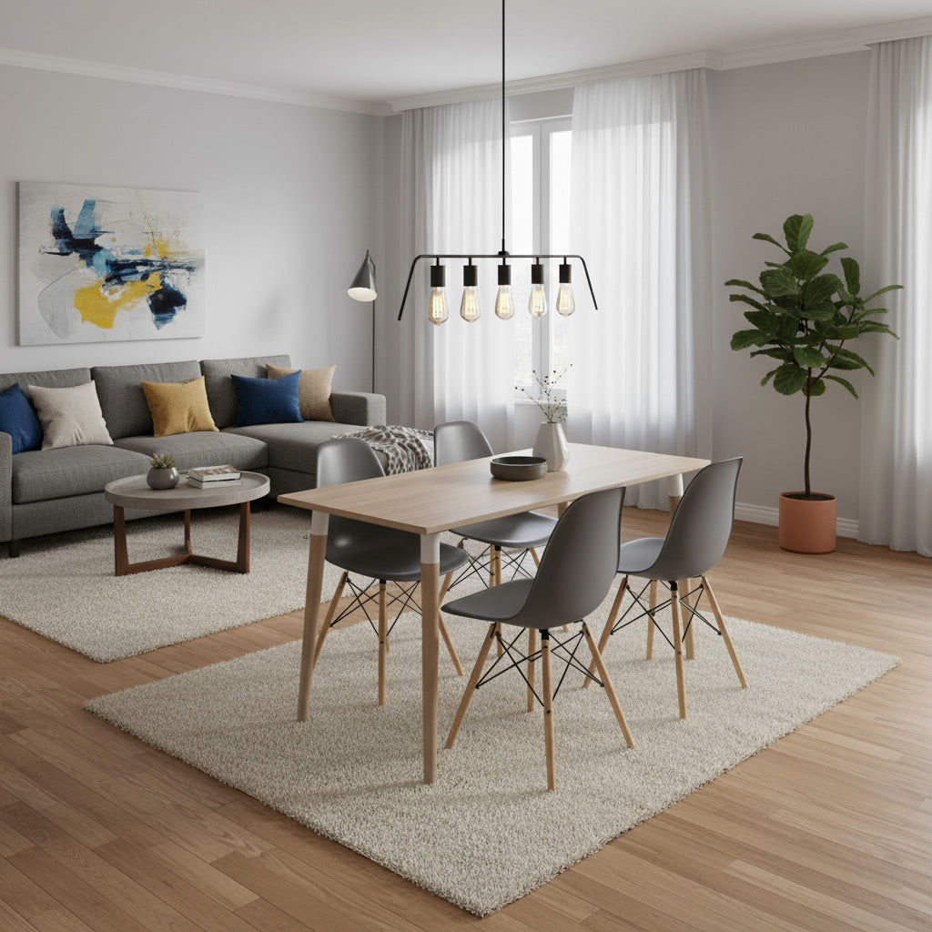 Juego de Comedor Robledo Premium habano con 4 Sillas Eames grises