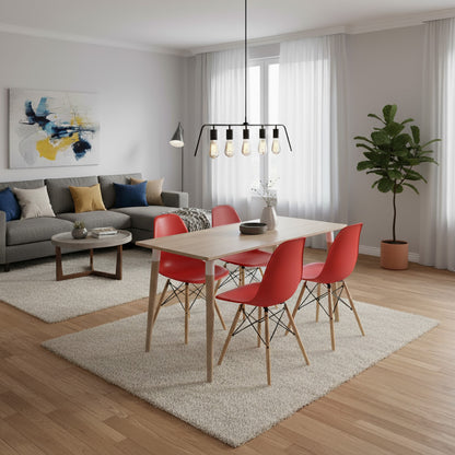 Juego de Comedor Robledo Premium habano con 4 Sillas Eames rojas