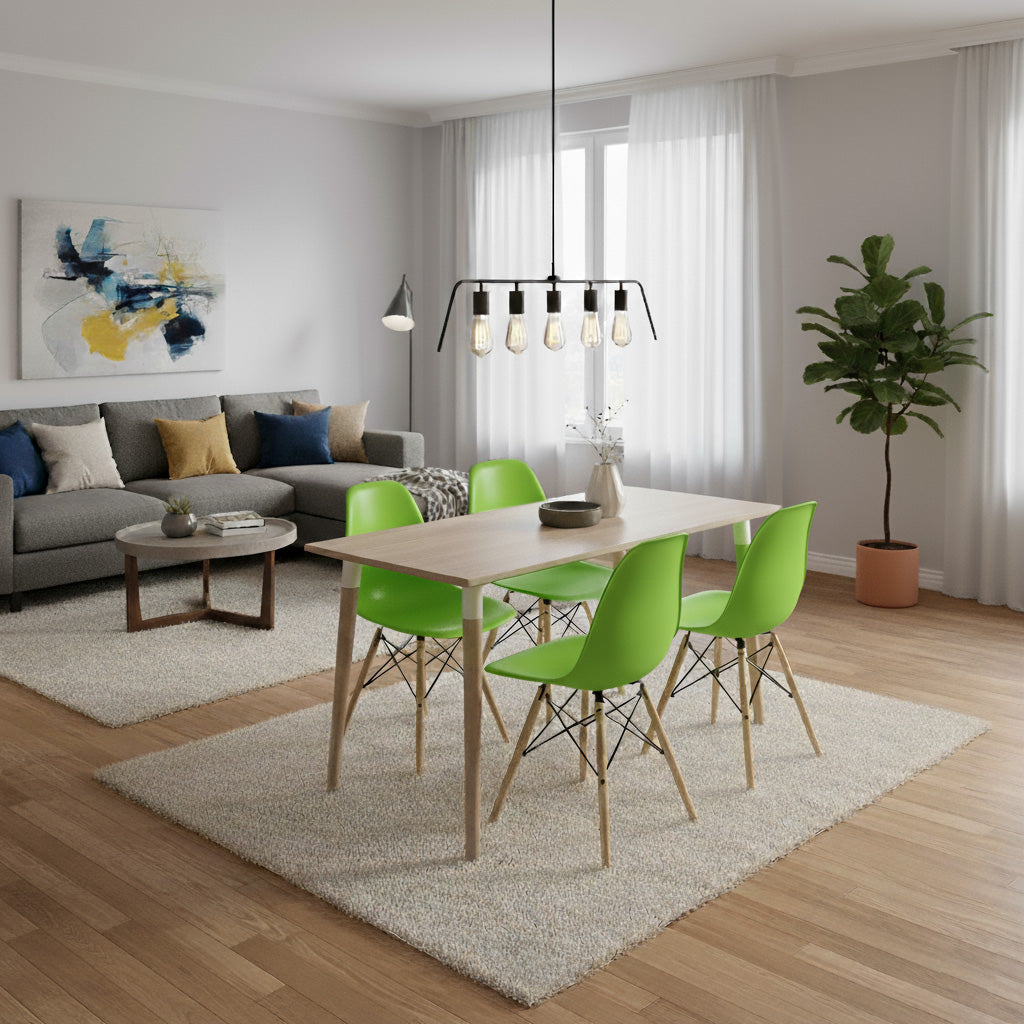 Juego de Comedor Robledo Premium habano con 4 Sillas Eames verdes