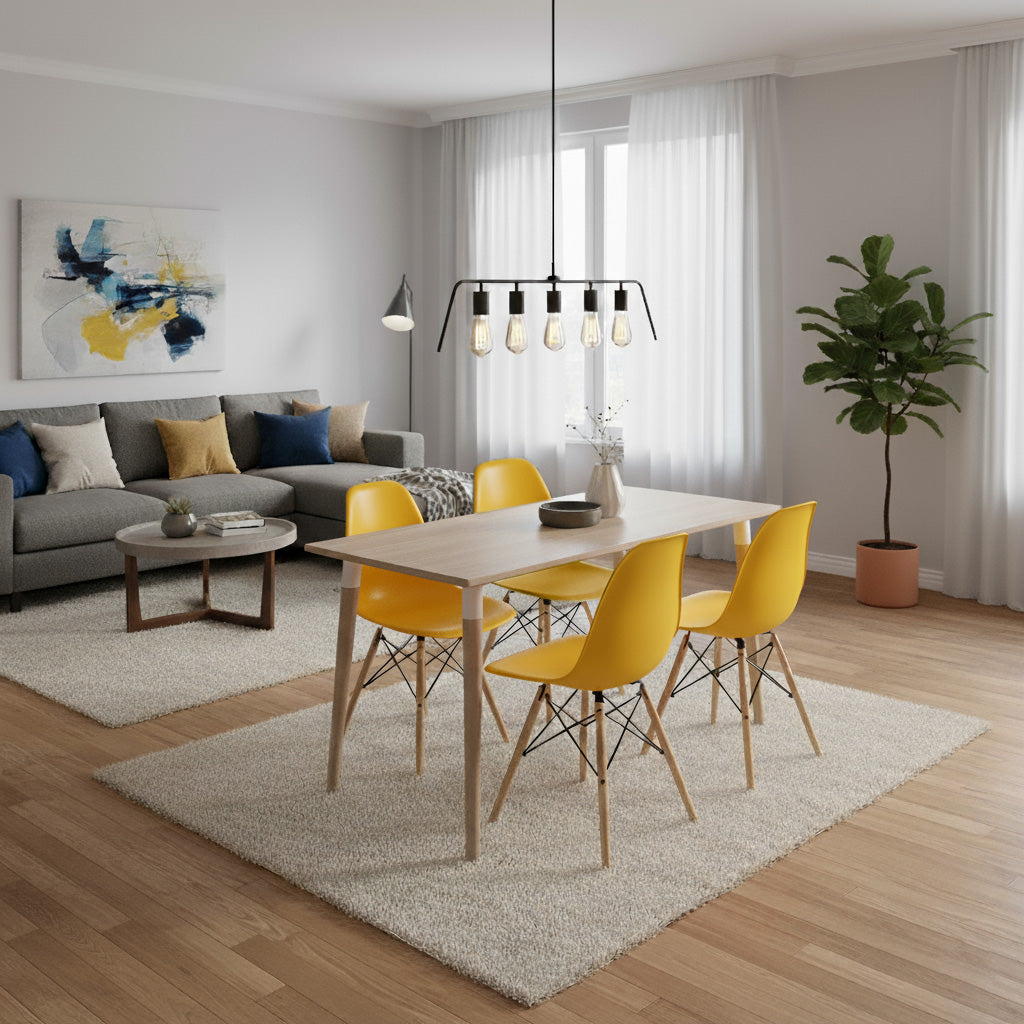 Juego de Comedor Robledo Premium habano con 4 Sillas Eames amarillas