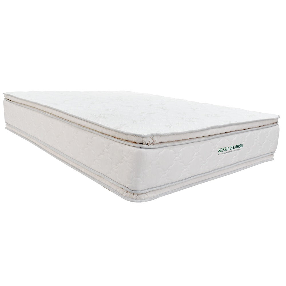 Colchón 2 Pillow Sencillo 100x190 Sensia Bamboo + Base Cama Tapizada Tela Premium Gris