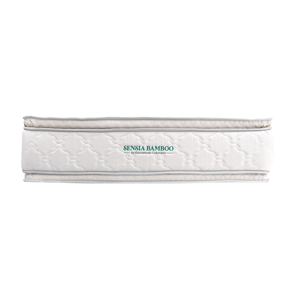 Colchón 2 Pillow King 200x200 Sensia Bamboo + Base Cama Tapizada Tela Premium Gris