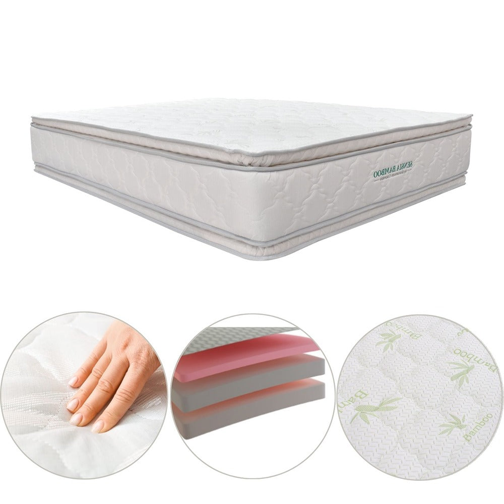 Colchón 2 Pillow Doble 140x190 Sensia Bamboo + Base Cama Tapizada Tela Premium Gris