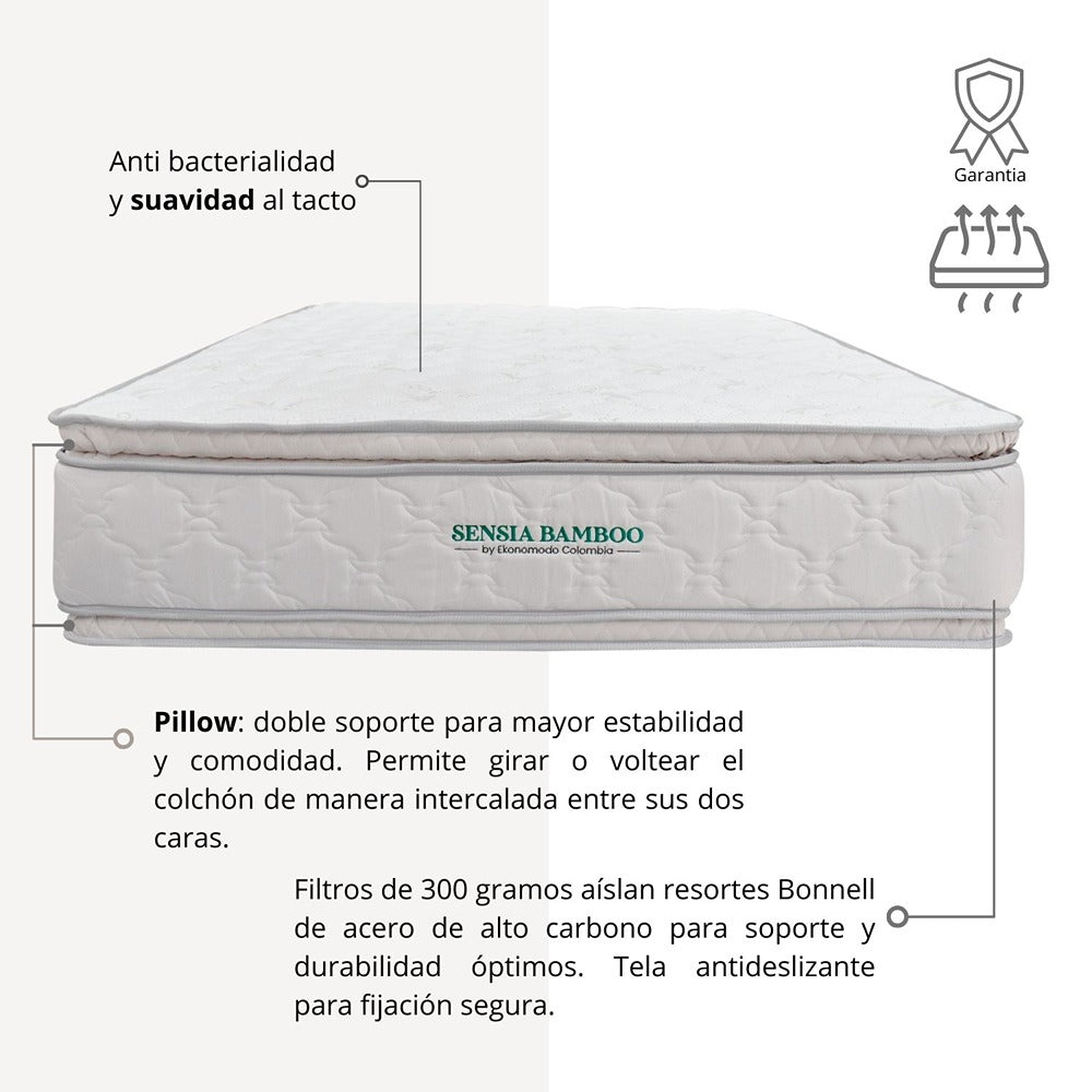 Colchón 2 Pillow Queen 160x190 Sensia Bamboo + Base Cama Tapizada Tela Premium Gris