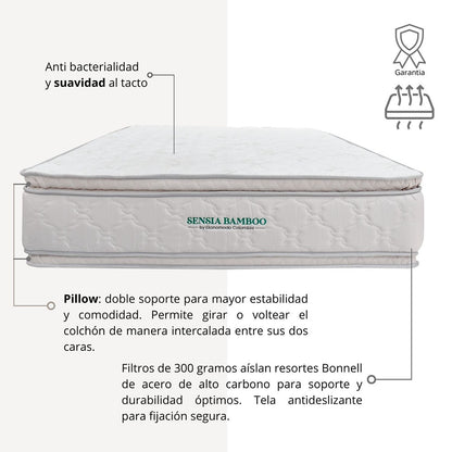 Colchón 2 Pillow Sencillo 100x190 Sensia Bamboo + Base Cama Tapizada Tela Premium Gris
