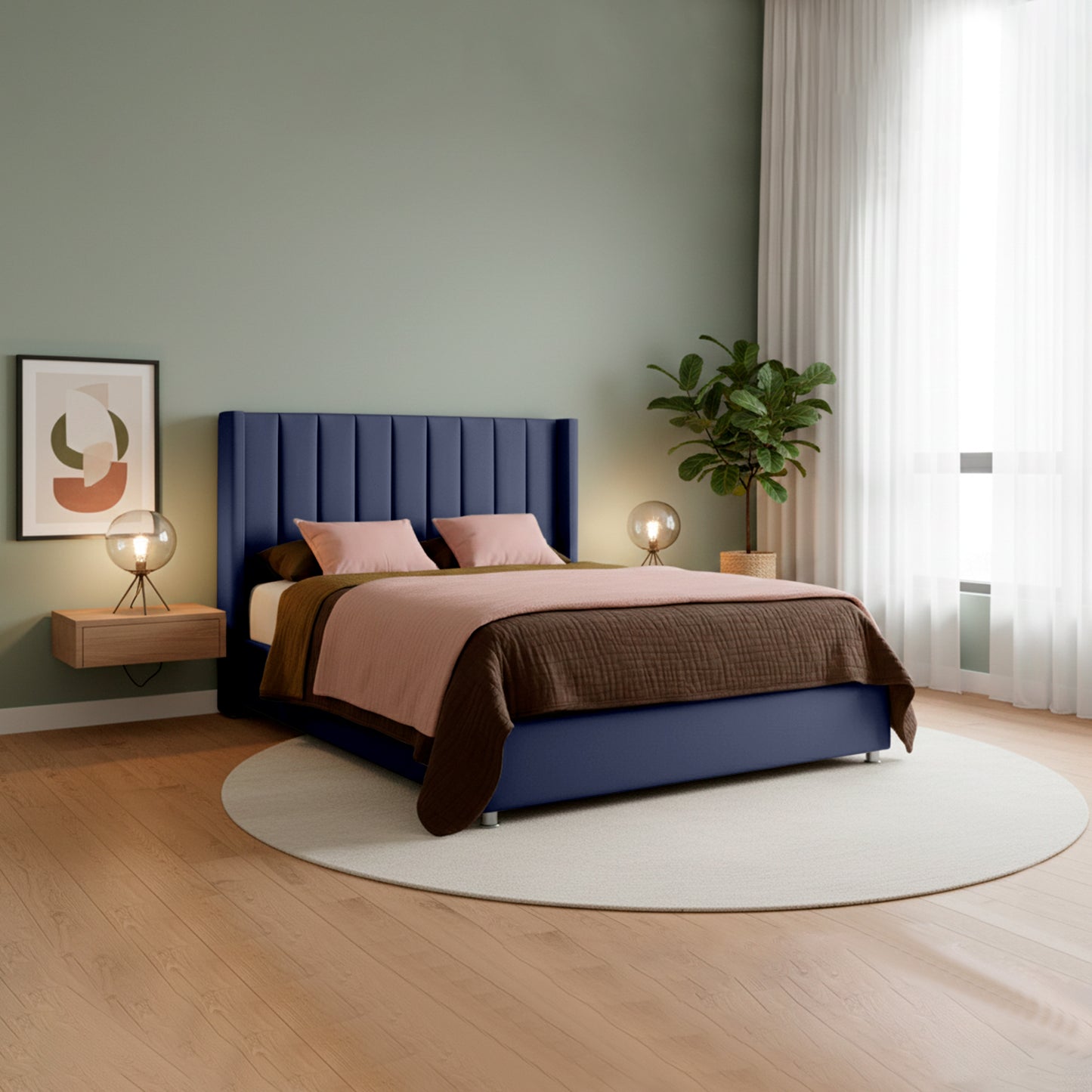 Base Cama con Espaldar + Colchon + Puff Baul Doble Julieta  azul