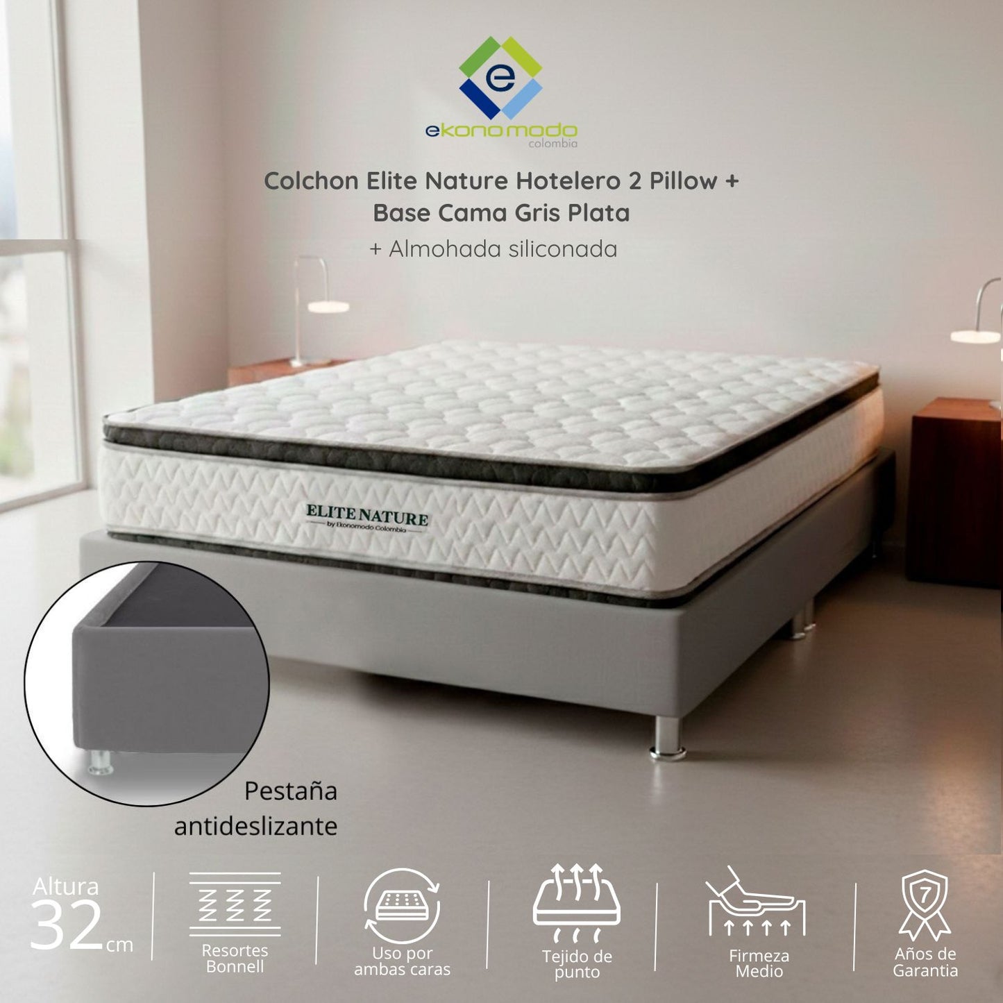 Colchón 2 Pillow Semidoble 120x190 Elite Nature + Base Cama Tapizada Tela Premium Gris