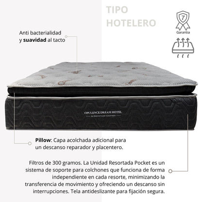 Colchón 1 Pillow Premium Semiortopédico Semidoble 120x190 Pocket Opulence Firmeza Media Baja + Base Cama Tapizada Tela Premium Gris