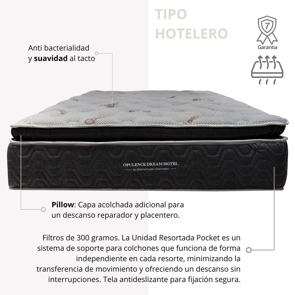 Colchón 1 Pillow Premium Semiortopédico Queen 160x190 Pocket Opulence Firmeza Media Baja + Base Cama Tapizada Tela Premium Gris