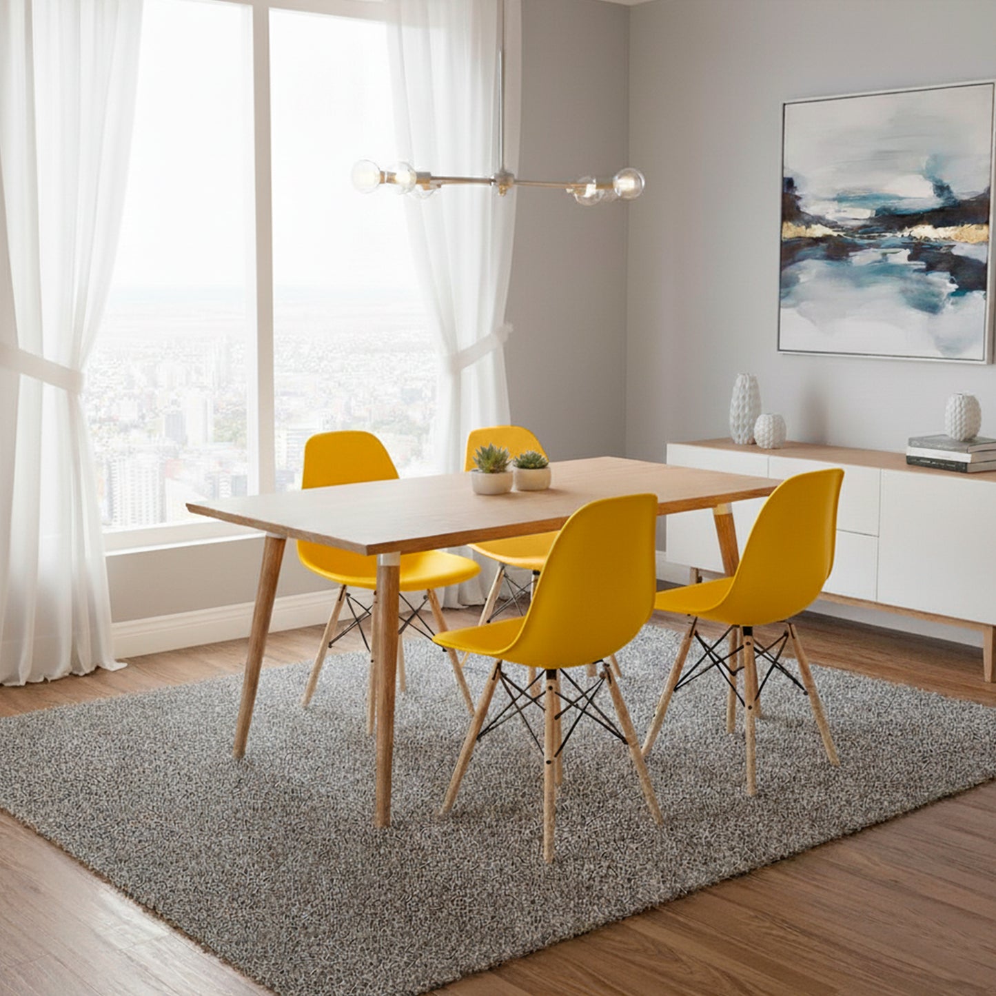 Juego de Comedor Madera Robledo con 4 Sillas Eames amarilla