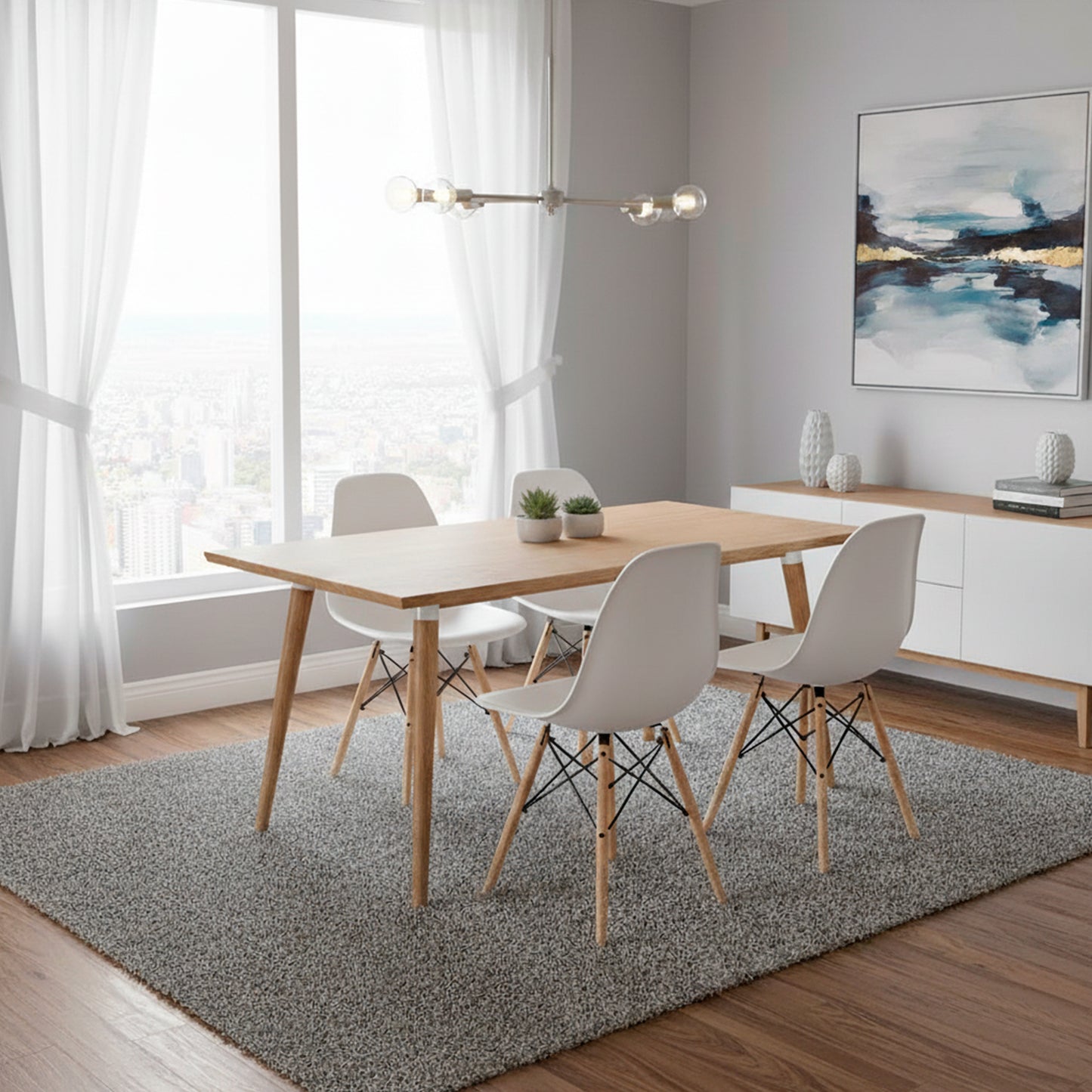 Juego de Comedor Madera Robledo con 4 Sillas Eames blanca