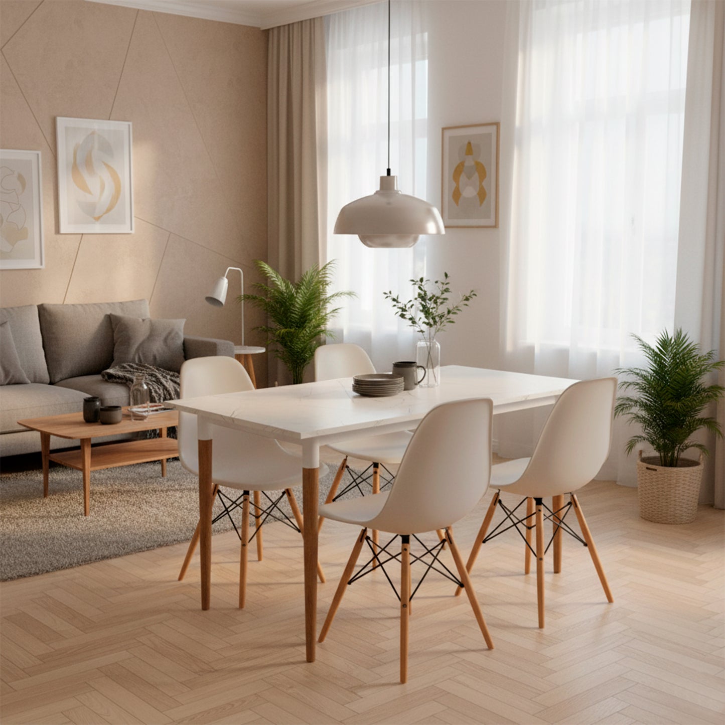 Juego de Comedor Premium Haby con 4 Sillas Eames beige