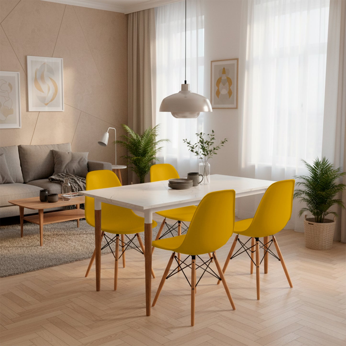 Juego de Comedor Premium Haby con 4 Sillas Eames mostaza