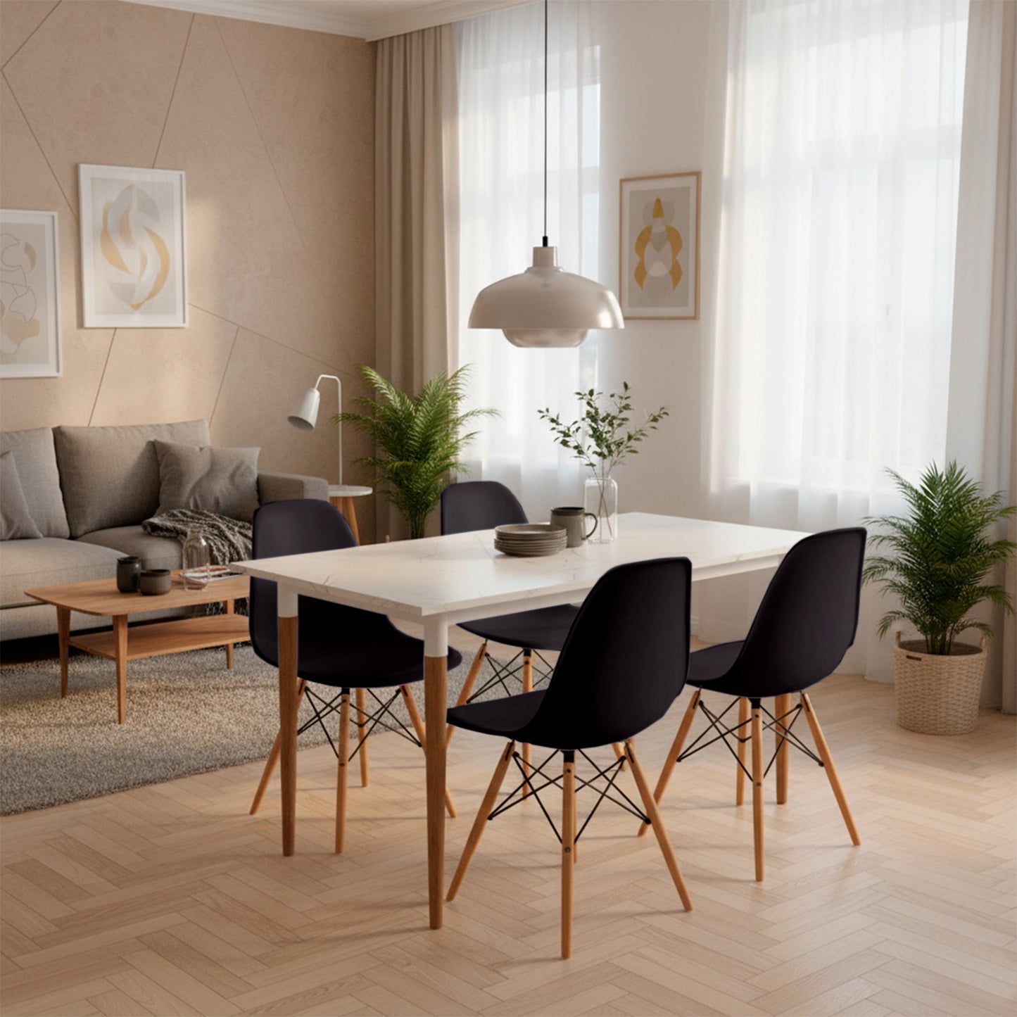 Juego de Comedor Premium Haby con 4 Sillas Eames negras