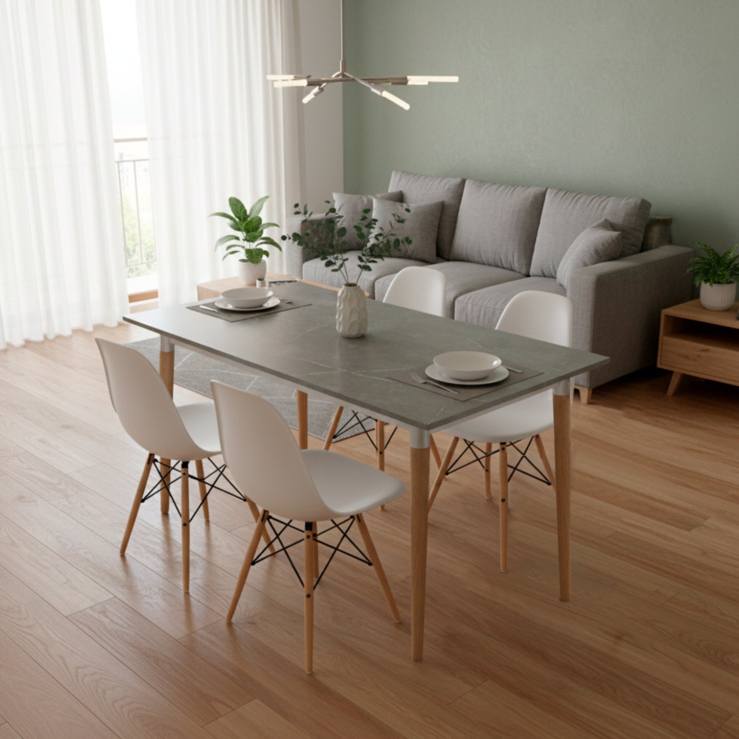 Juego de Comedor Haby gris con 4 Sillas Eames blancas