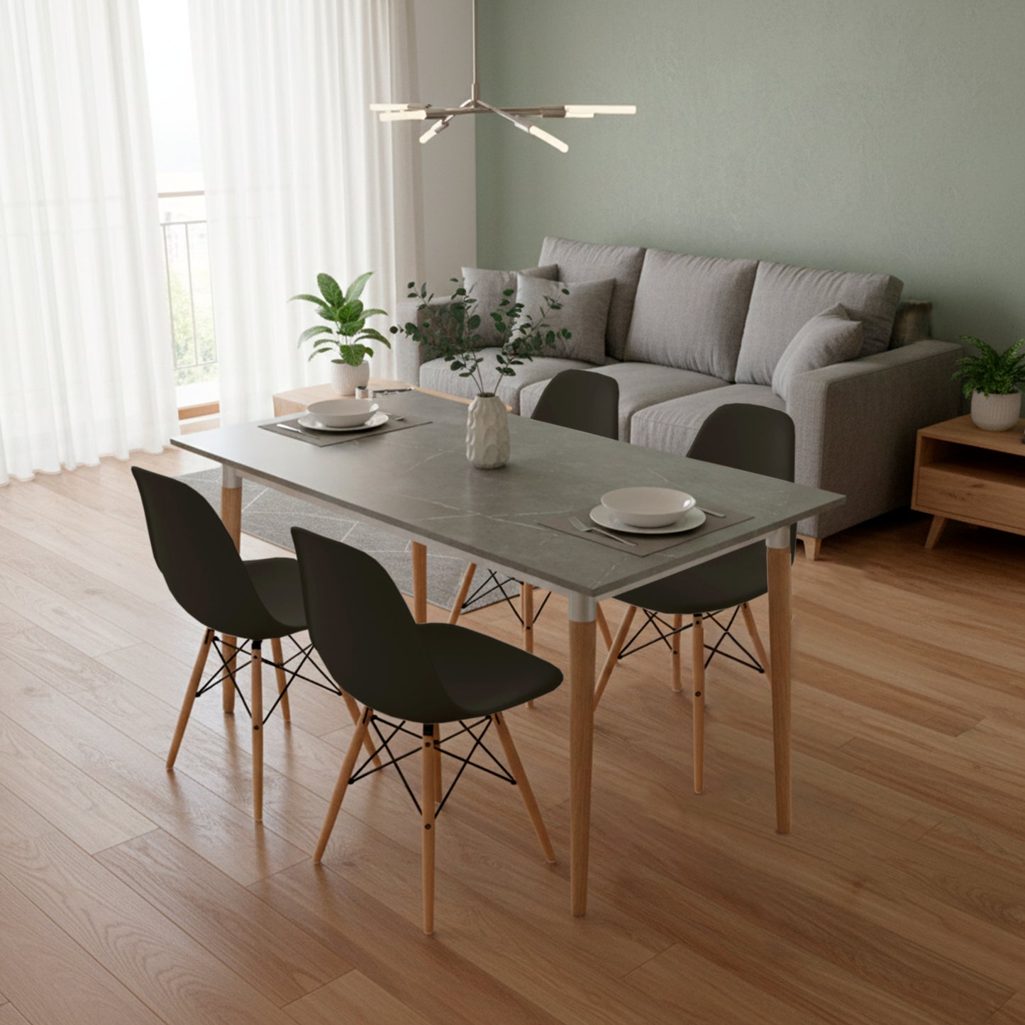 Juego de Comedor Haby gris con 4 Sillas Eames negras