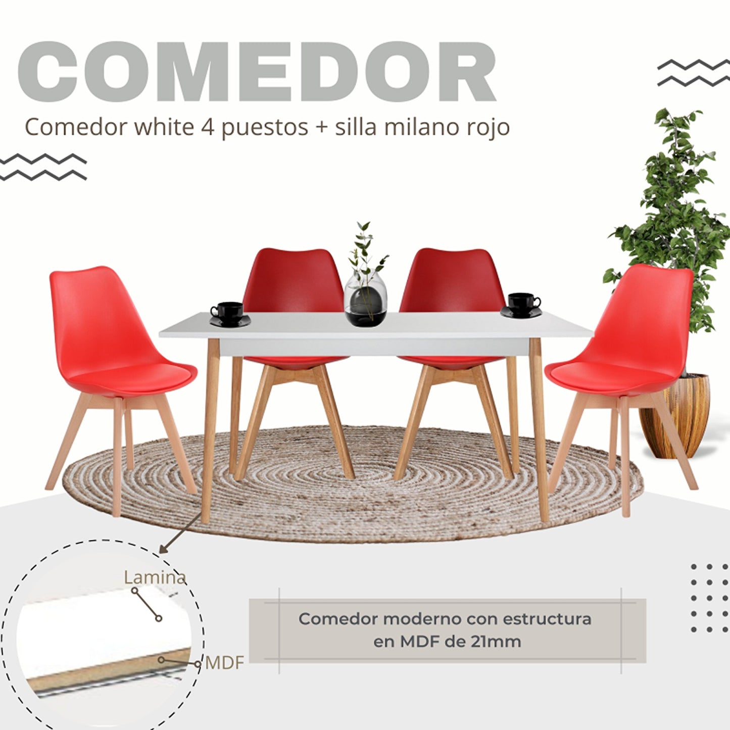 Juego de Comedor White con 4 Sillas Milano roja