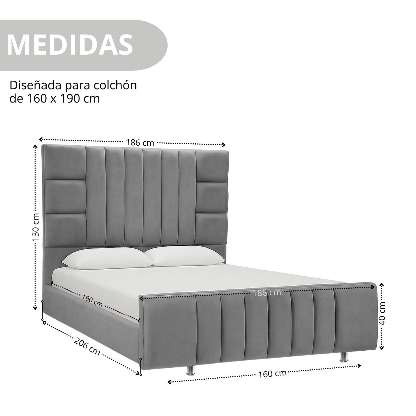 Cama Queen Fiora  Gris Plata
