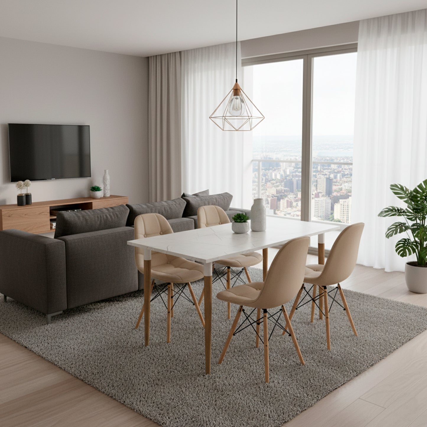 Juego de Comedor Premium Haby con 4 Sillas Eames Botones Camel