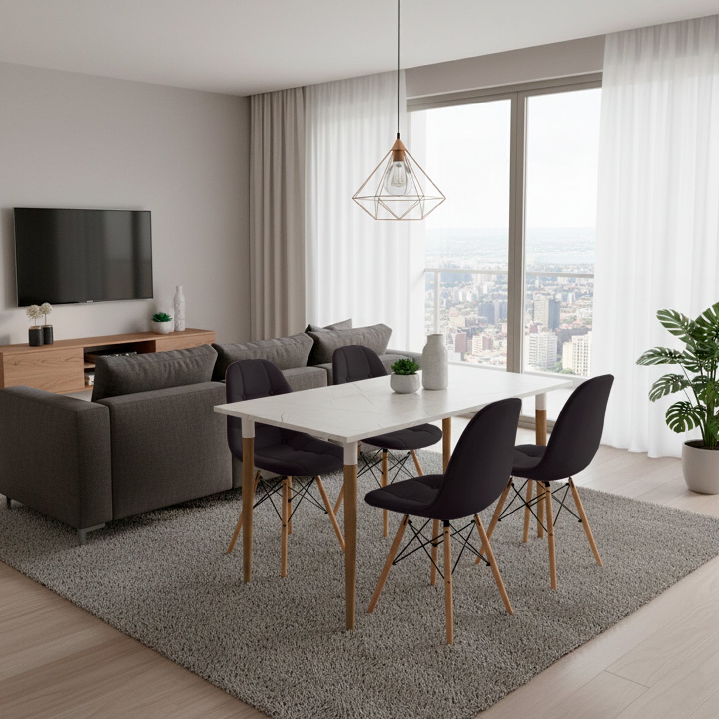 Juego de Comedor Premium Haby con 4 Sillas Eames Botones Negro